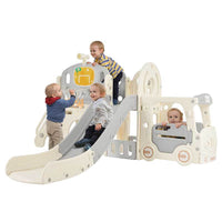 Kids Slide Playset Structure 9 in 1, Freestanding Castle Climbing Crawling Playhouse with Slide, Arch Tunnel, Ring Toss, Realistic Bus Model and Basketball Hoop, Toy Storage Organizer for Toddlers | Shinymarch