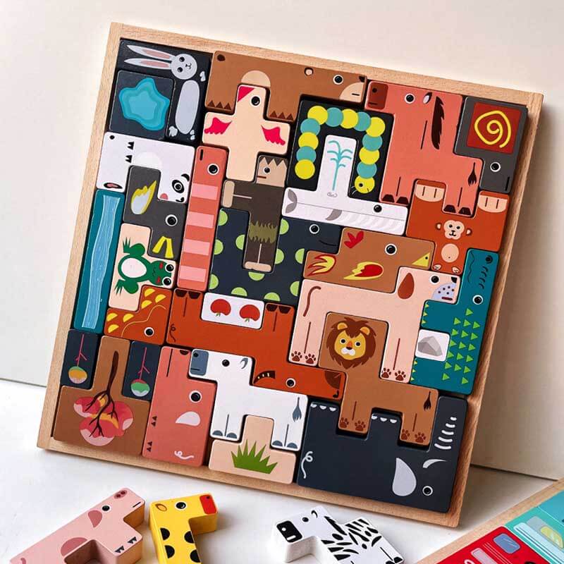 Wooden Animal Tetris, Multi-Play Stacked High Blocks Creative Puzzle Focus Toys for Boys and Girls Matching Game | Shinymarch