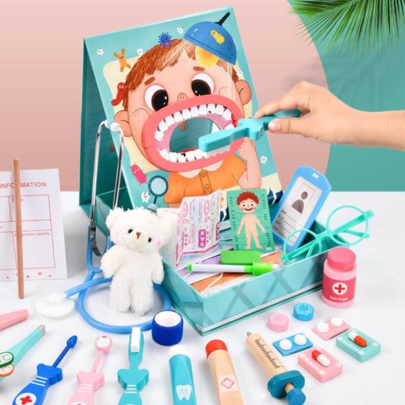 Wooden Simulation Dentist Set, Kids Doctor Kit, 18 PCS Kids Doctor Playset, Wooden Dentist Kit for Kids, Pretend Play for Toddlers 3-5 | Shinymarch