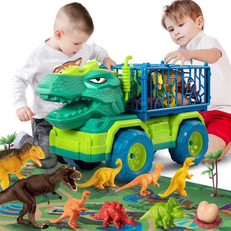 Dinosaur Toys for Toddlers Kids 3-5, Triceratops Transport Car Carrier Truck with 8 Dino Figures, Play Mat, Dino Eggs and Trees, Capture Jurassic Dinosaurs Play Set for Boys and Girls | Shinymarch