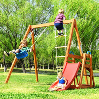 Wooden Swing Set with Slide, Outdoor Playset Backyard Activity Playground Climb Swing Outdoor Play Structure for Toddlers, Ready to Assemble Wooden Swing-N-Slide Set Kids Climbers | Shinymarch